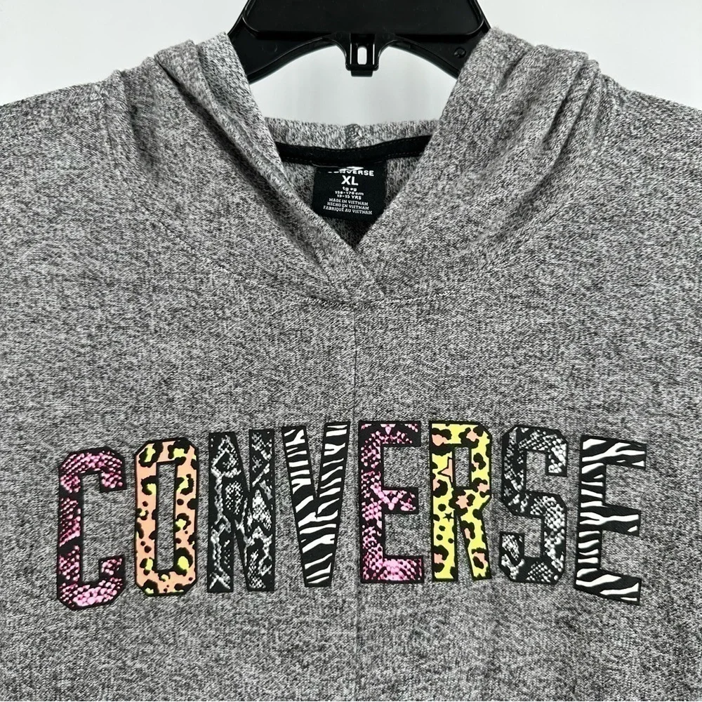 CONVERSE Girl’s Gray Soft Front-Tied Long Sleeve Hoodie Mixed Print Logo Size XL